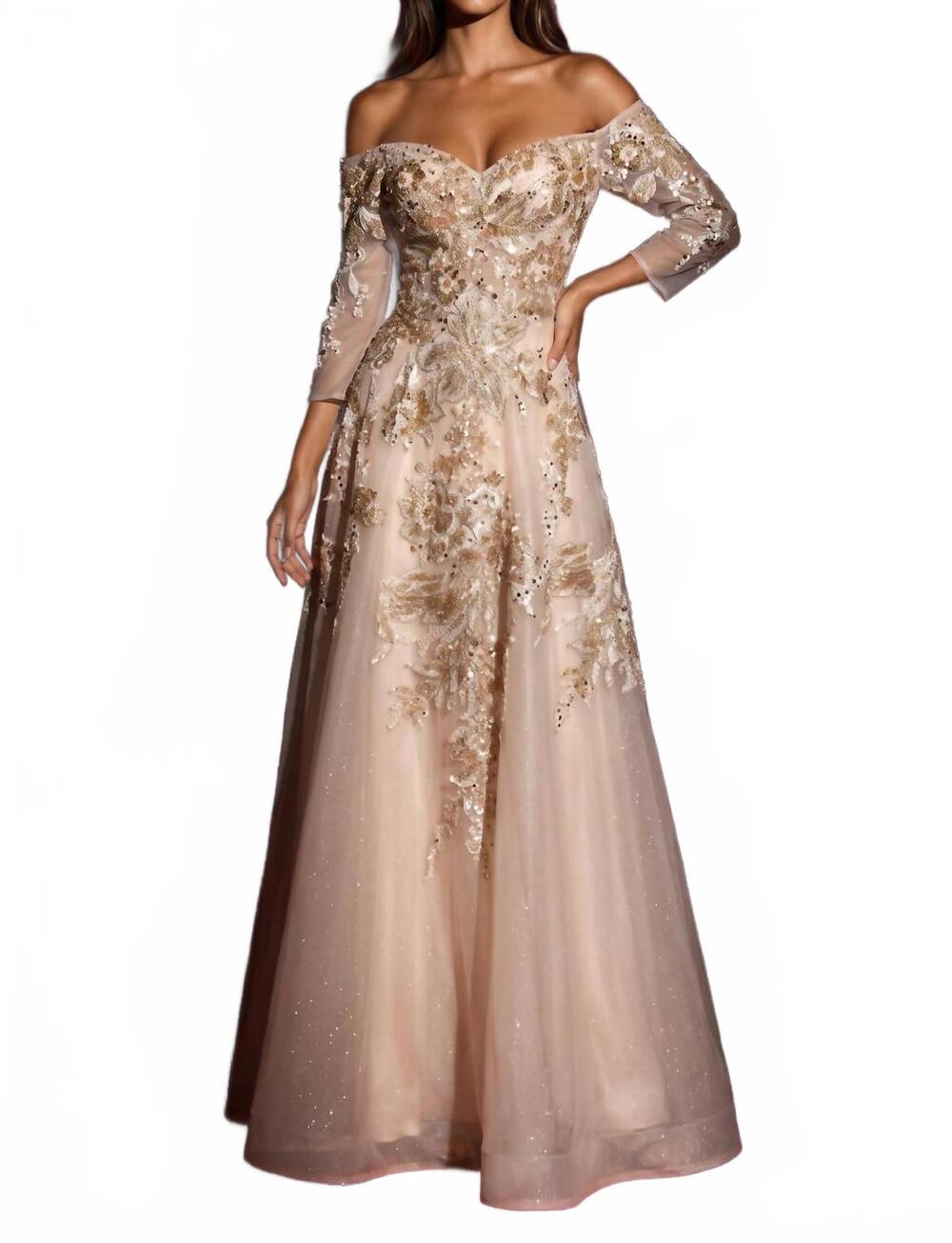 NEW KOS off shoulder a line long sleeve beaded dress in champagne